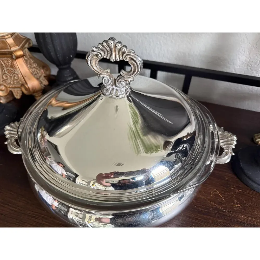 Vintage F.B. Rogers Silver Plated Covered Casserole Pyrex Insert Mid Century